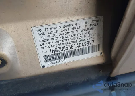 2001 Honda Accord 2.3 Lx из США, поврежденный, VIN 1HGCG65561A049927